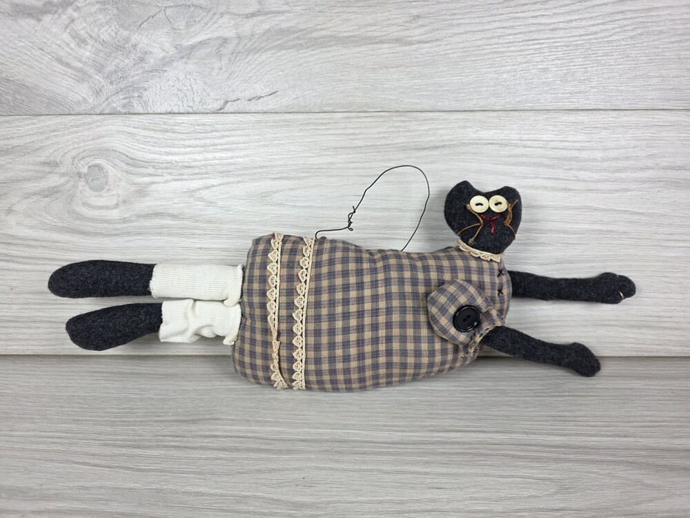 Primitive Folk Art Stuffed Cat Doll w Dress and Wire Hanger Wall Door Decor SU47